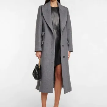 Сива вълнена палто Дамско зимно палто, елегантен Модерен офис дамски дрехи, Стил костюм, Прави Дълги палта, дамски