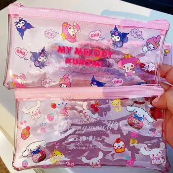 Sanrio Розова чанта за моливи от PVC, прозрачна, с ярък модел от картун Аниме, сладки канцеларски материали, инструмент за грим, женствен подарък