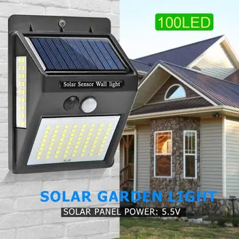 Открит 100 led слънчева светлина, слънчев, с монтиран на стената лампа, водоустойчив датчик за движение PIR, градински лампа, уличен фенер за слънчева батерия