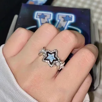 Y2k Звезда Пентаграм, Планински кристал, перлена пръстен за жени, Harajuku, милото, милото, в стил хип-хоп, така и Регулируема халка, Корейската мода, бижута подарък
