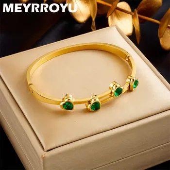 MEYRROYU 316 Неръждаема Стомана 2023 Нова Гривна от зелен камък във формата на сърце За жени, Модни вечерни сватбени декорации в стил Бохо