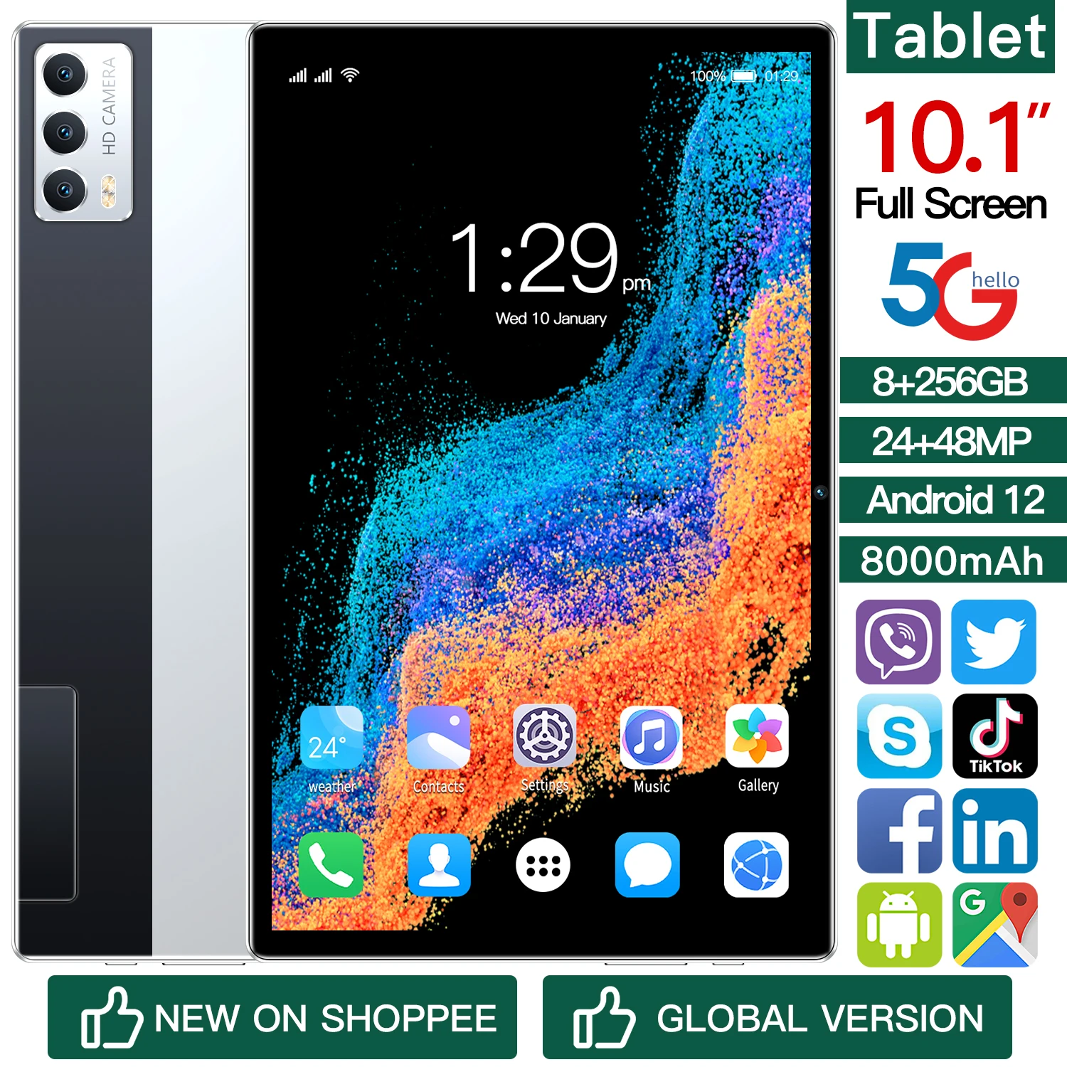 2023 Нов раздел Глобалната версия на Android 12 5G Call Phone WiFi Таблет с 10,1-Инчов 8G + 256 GB Таблет с две СИМ-карти за Подаръци0