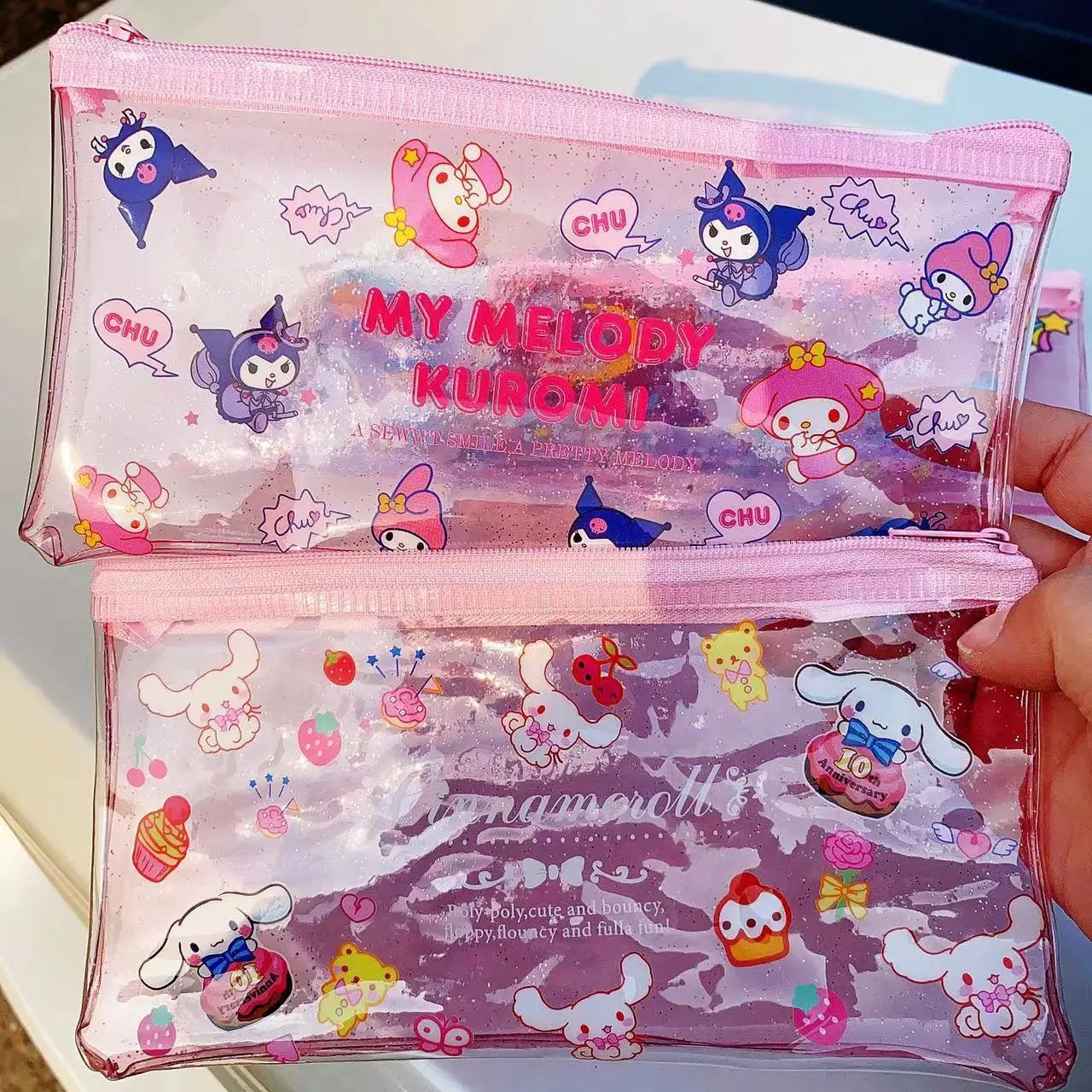 Sanrio Розова чанта за моливи от PVC, прозрачна, с ярък модел от картун Аниме, сладки канцеларски материали, инструмент за грим, женствен подарък0