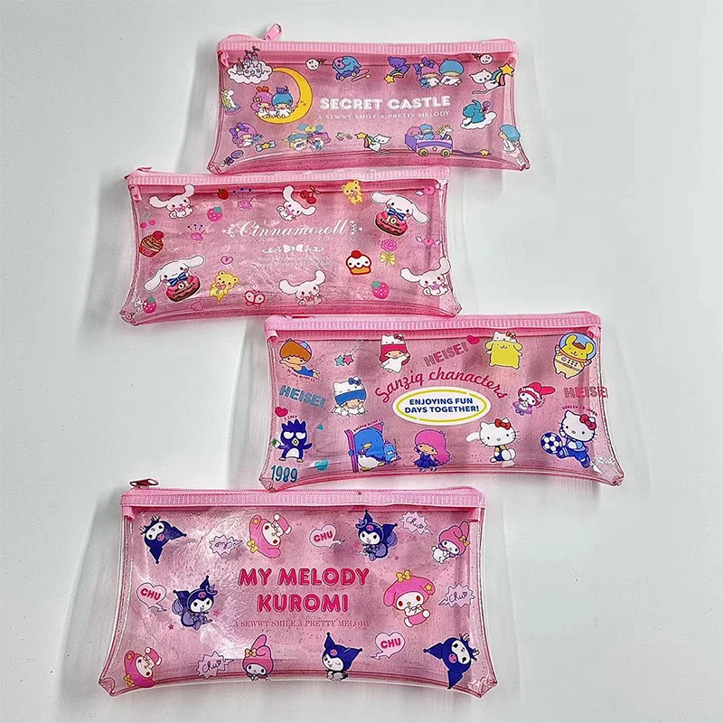 Sanrio Розова чанта за моливи от PVC, прозрачна, с ярък модел от картун Аниме, сладки канцеларски материали, инструмент за грим, женствен подарък1