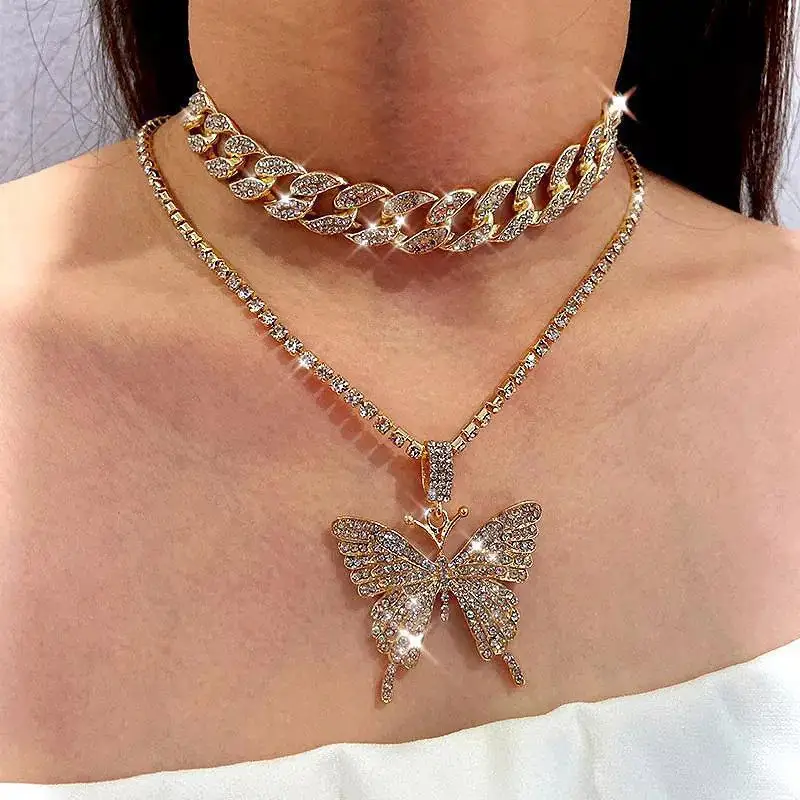 Жена панковское многослойно Колие с отложено във формата на голяма Пеперуда от планински кристал, Масивна верига от кубинския кристал, Вечерни сватбени декорации1