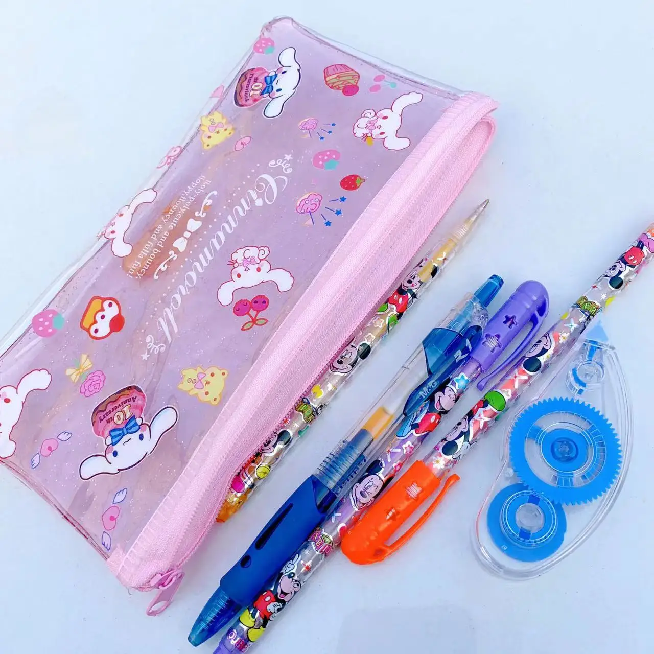 Sanrio Розова чанта за моливи от PVC, прозрачна, с ярък модел от картун Аниме, сладки канцеларски материали, инструмент за грим, женствен подарък3
