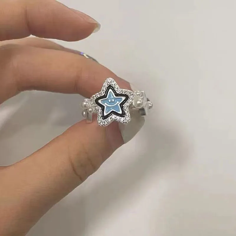 Y2k Звезда Пентаграм, Планински кристал, перлена пръстен за жени, Harajuku, милото, милото, в стил хип-хоп, така и Регулируема халка, Корейската мода, бижута подарък3